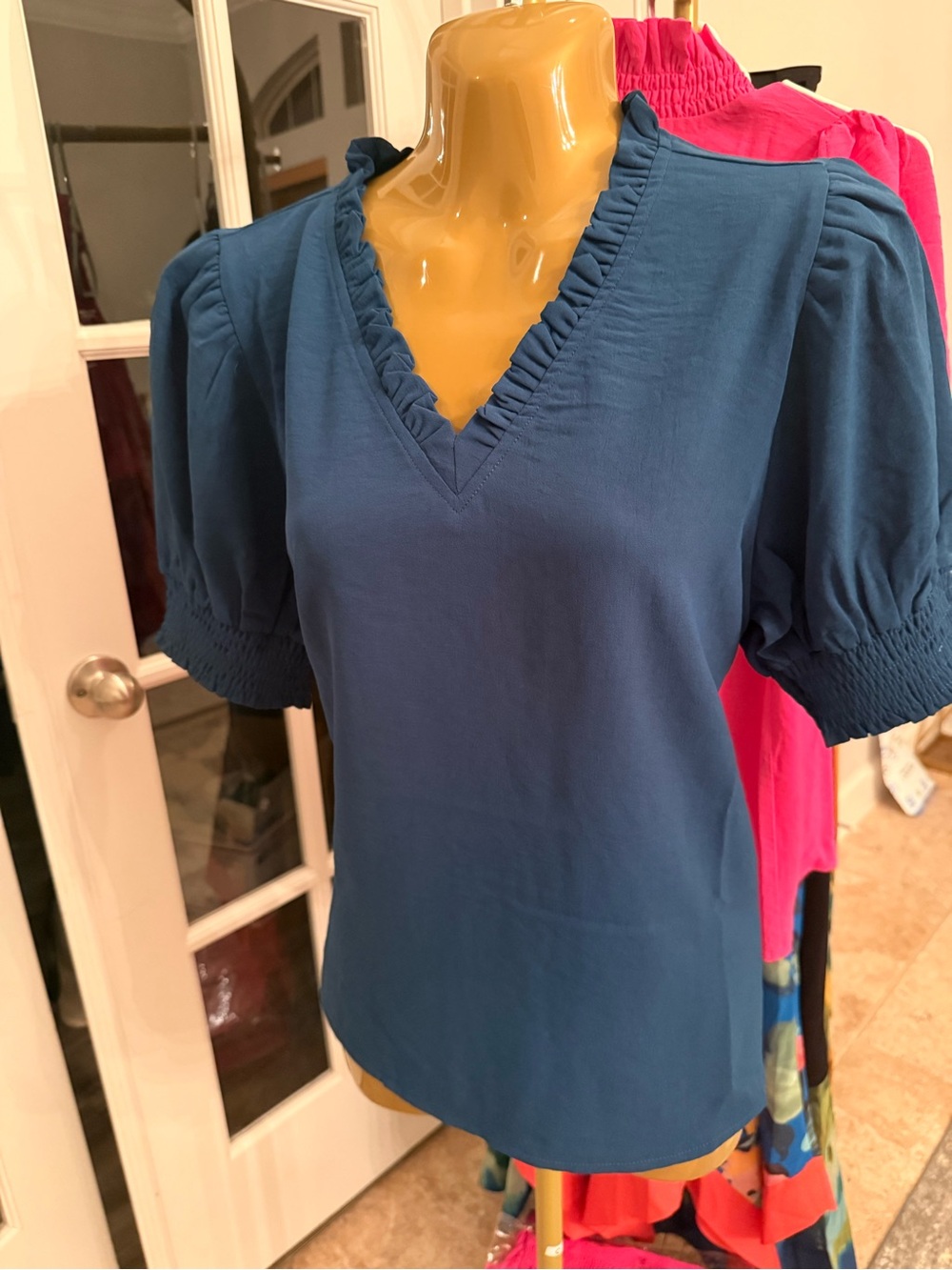 JODIFL Teal V-Neck Ruffle Puff Sleeve Blouse - Small loose fit